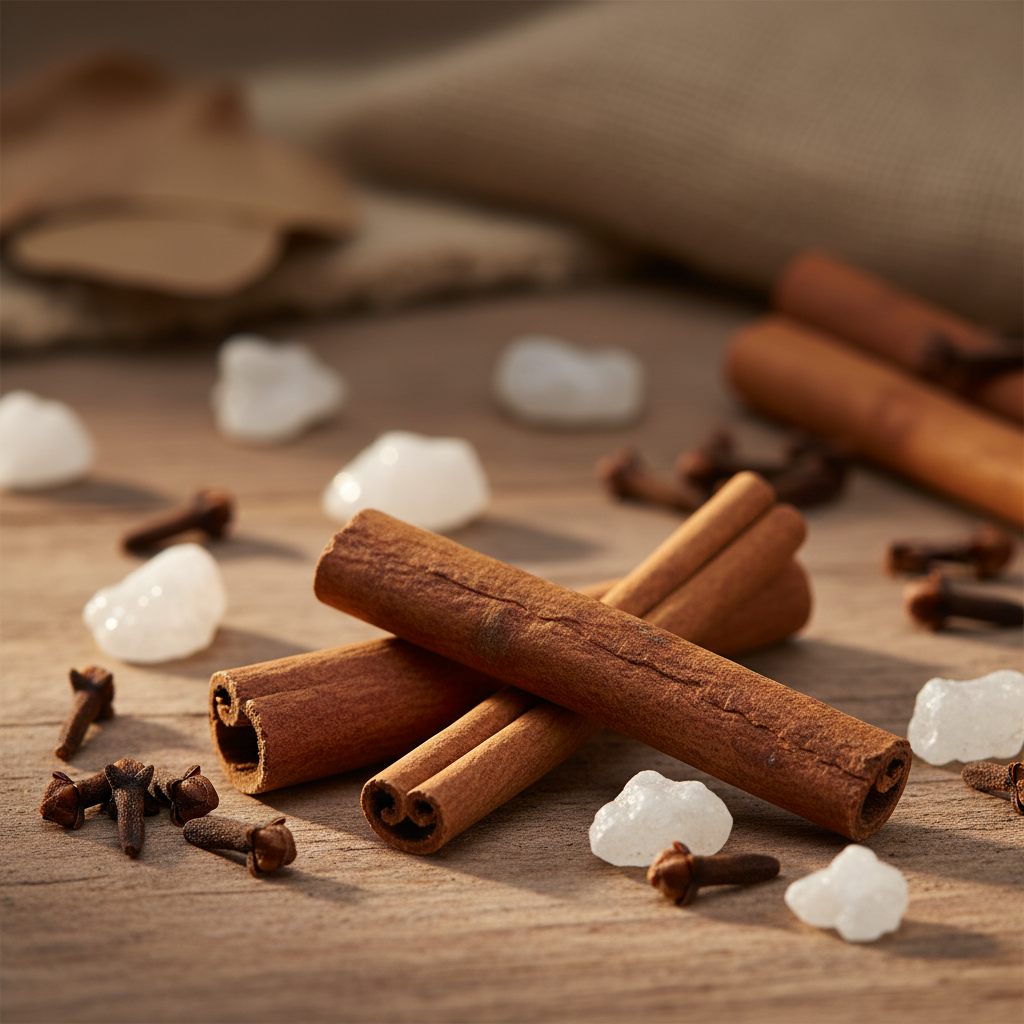 batons de cannelle clous de girofle et cristaux de camphre