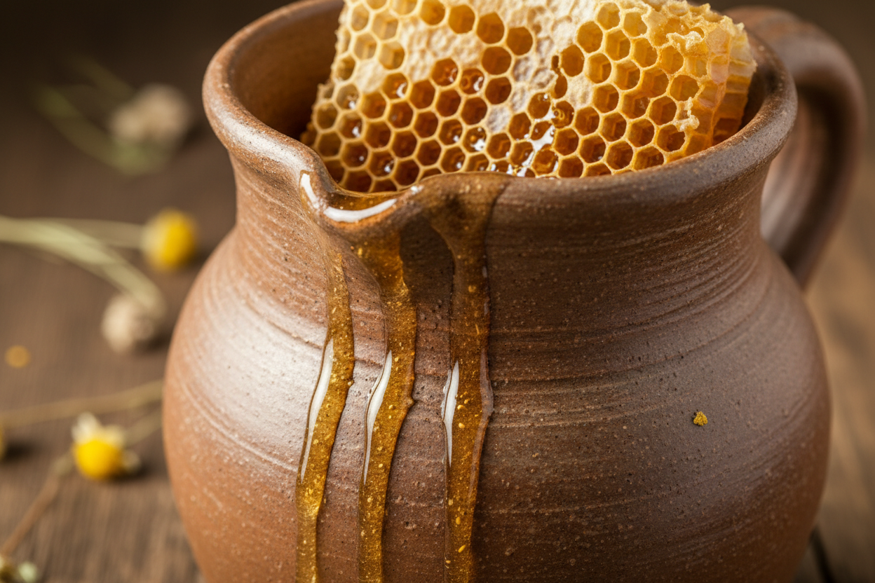 miel dans alvéoles de cruche