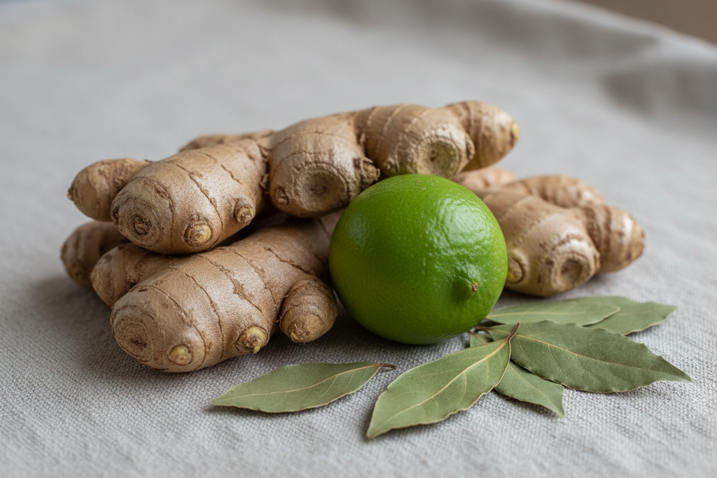 racines de gingembre, un citron vert et des feuilles de laurier
